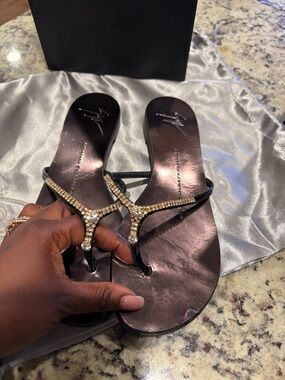 Giuseppe Zanotti Black Thong Sandals with Gold Crystal Straps